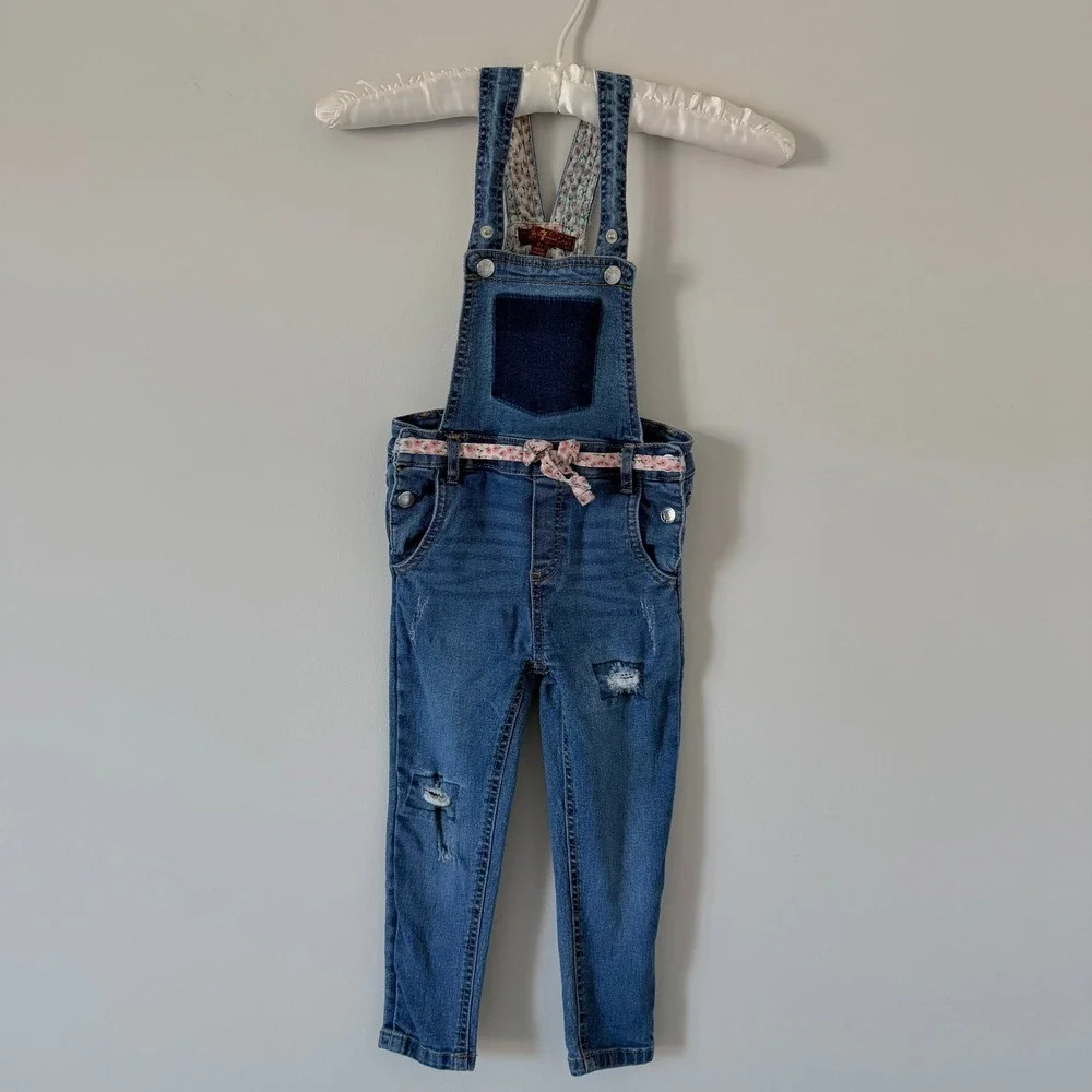 7 For All‎ Mankind Girls Denim Overalls Medium Wash Floral Trim Distressed 4T